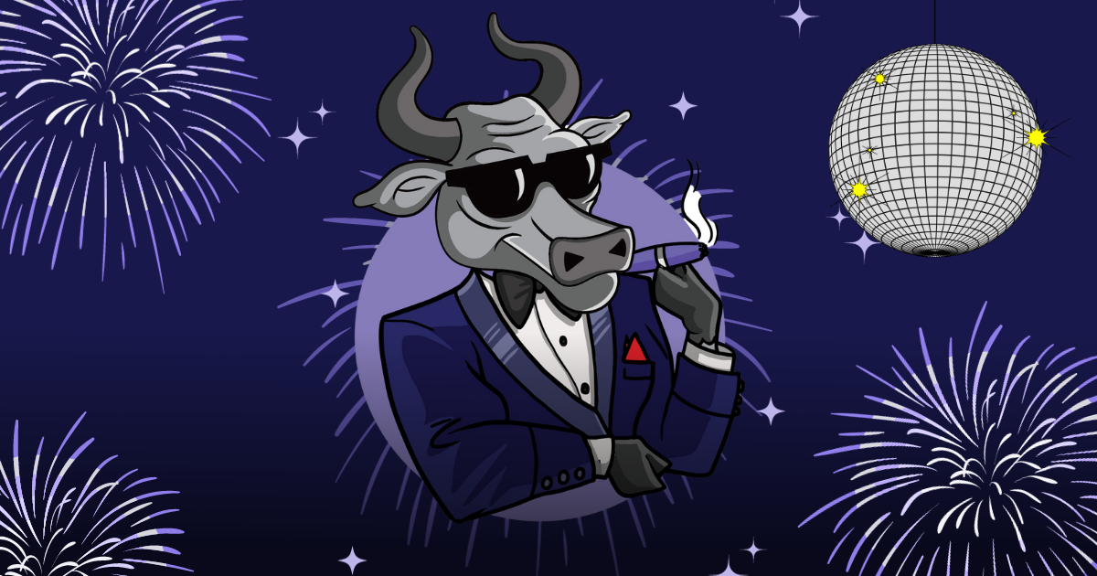 Cartoon bull in tuxedo with sunglasses, cigar, fireworks, and disco ball at night; festive scene for real estate article.