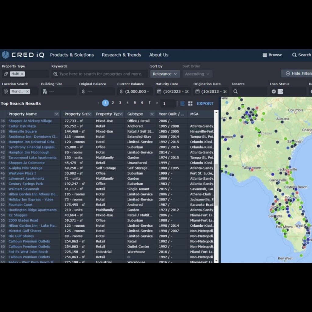 Database screenshot with property names, sizes, subtype, balance, maturity date; map on right shows locations with colored pins.