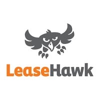 LeaseHawk logo: stylized gray hawk with wings above "LeaseHawk" text. "Lease" in orange, "Hawk" in gray.