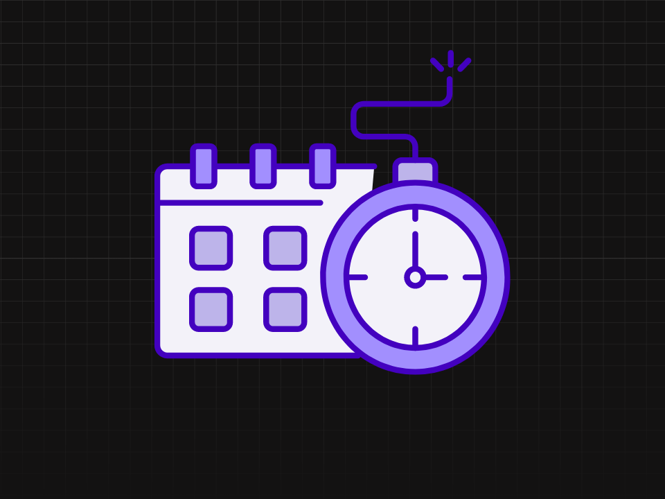 Purple calendar and stopwatch icons on a dark grid background for a real estate article about expiring office leases.