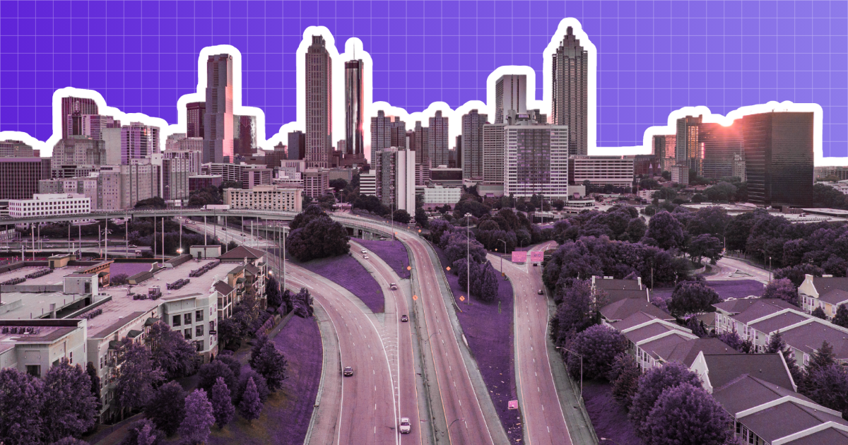 Aerial view of skyscrapers and highway at sunset in a city, for a real estate article on top rental activity cities in 2024.