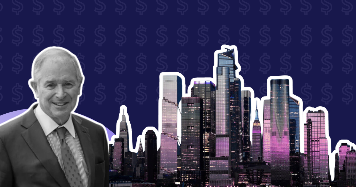 B&W photo of a man in a suit over a colorful cityscape with skyscrapers and dollar signs. Image for real estate article: "Blackstone: We’ve Hit Bottom.