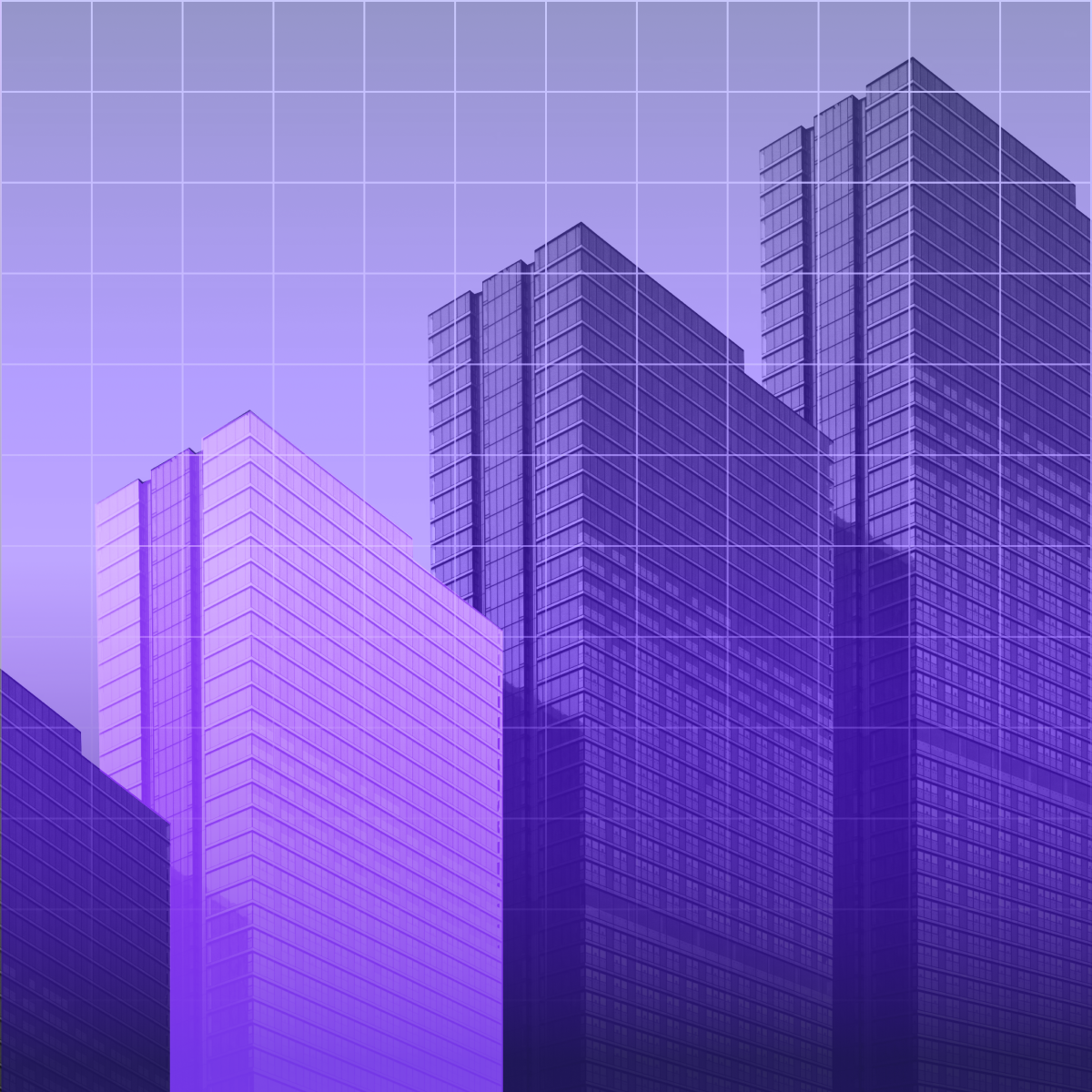 Illustration of geometric skyscrapers with a purple gradient and grid patterns, creating a modern, futuristic look for real estate.