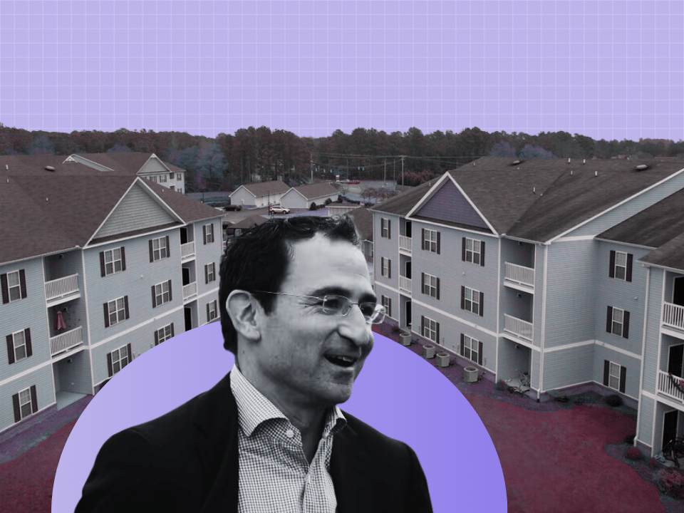 Grayscale image of man with glasses overlaid on a suburban apartment complex, against a purple grid sky for real estate article.