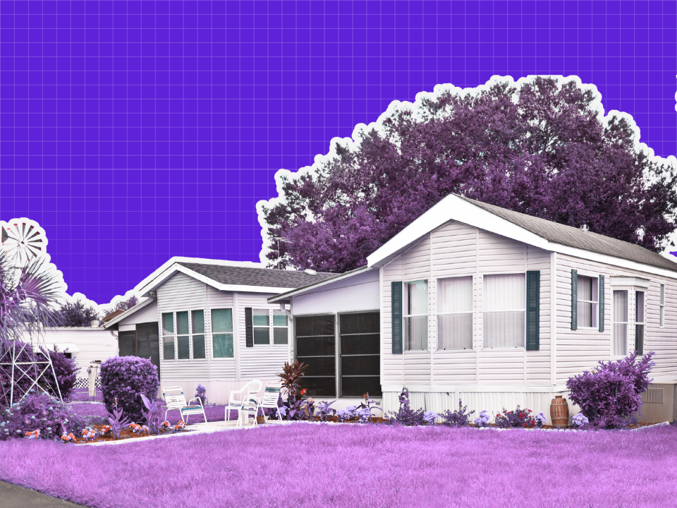 Purple-toned mobile homes with grid-pattern background; purple-tinted trees, chairs, and flowers in foreground for real estate article.