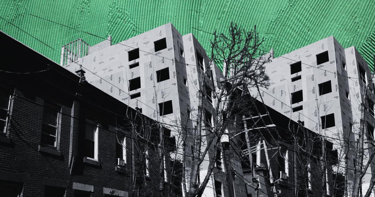 Urban buildings under a surreal green sky; old brick contrasts with new concrete. Article: "Luxury Housing Surplus Cuts Rent for Rich.