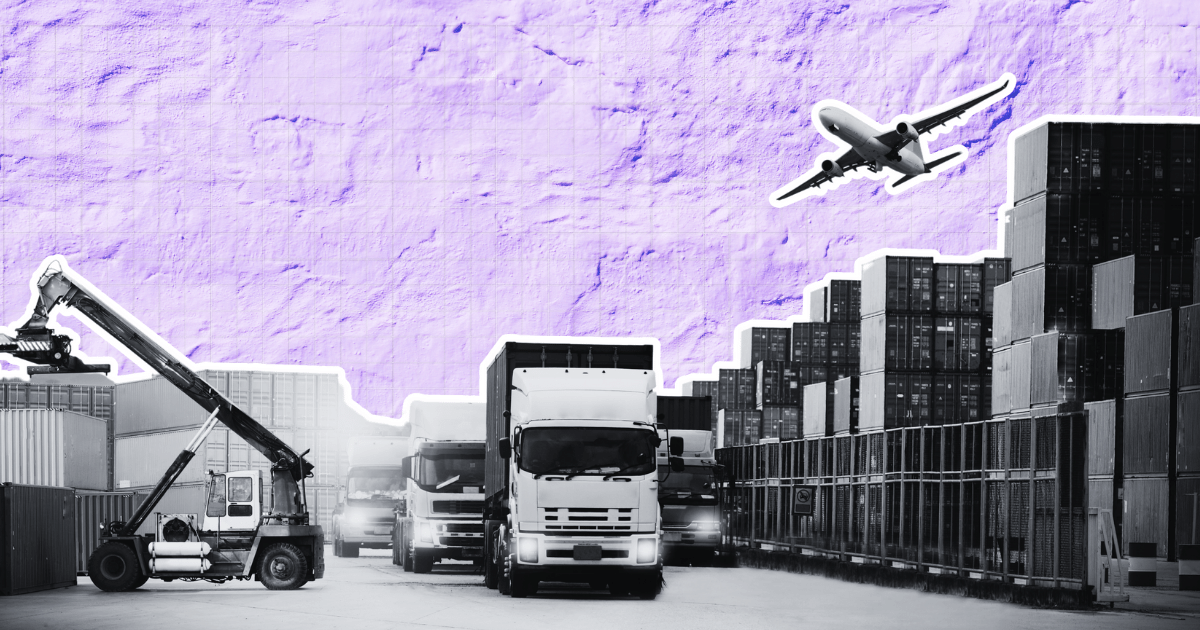 Industrial yard with stacked containers, trucks, and a handler; plane overhead in purple sky. Image for "Logistics Shipping-Market Rebounds.