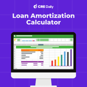 A screen shows a loan amortization calculator with charts and tables, set against a purple grid reading "CRE Daily Loan Amortization Calculator.