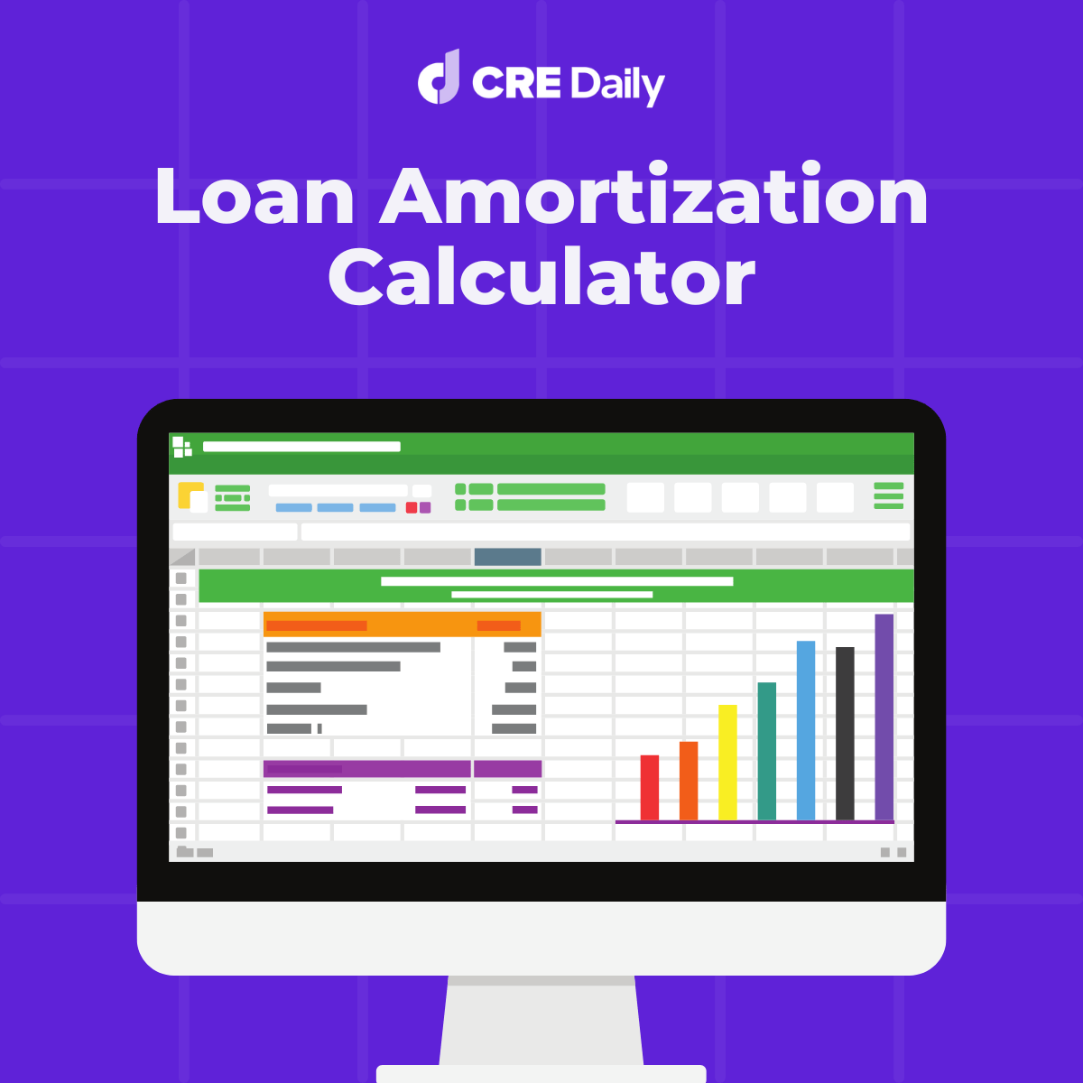 A screen shows a loan amortization calculator with charts and tables, set against a purple grid reading "CRE Daily Loan Amortization Calculator.