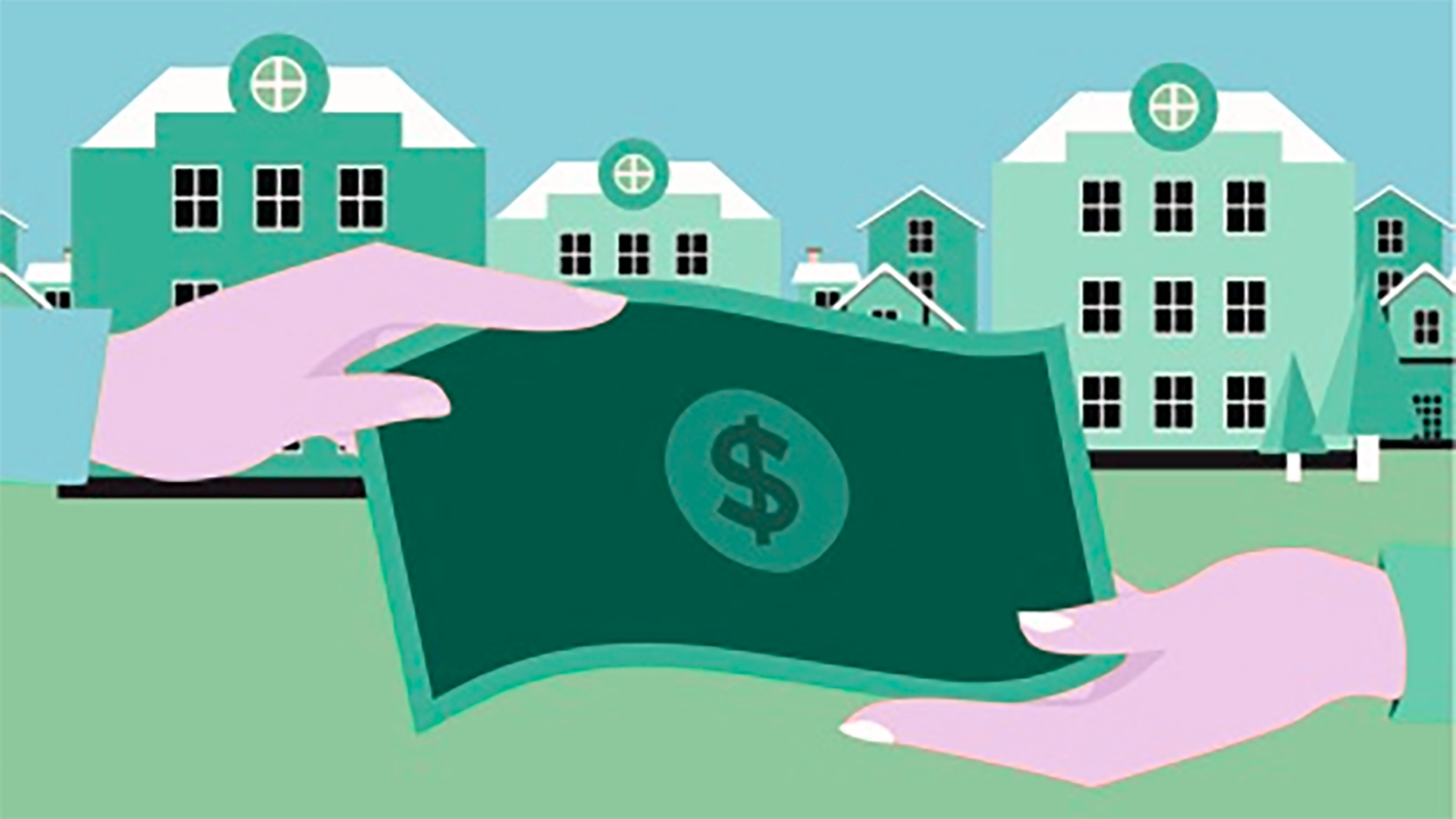 Illustration of a dollar bill being exchanged in front of stylized buildings, symbolizing a real estate transaction.