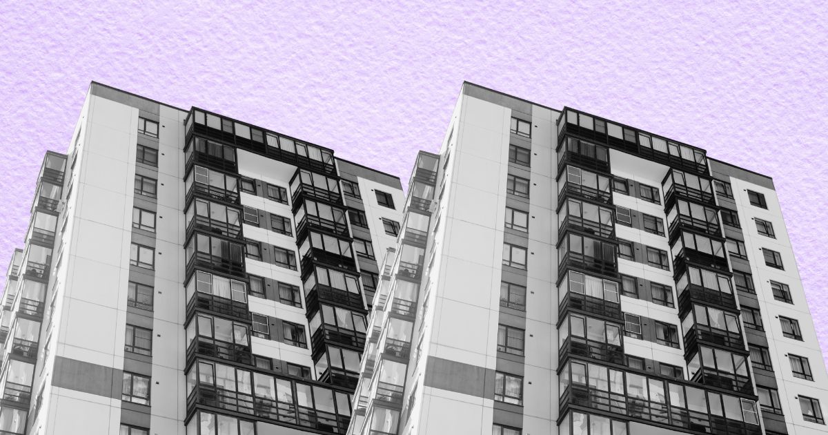 Black and white image of two modern apartment buildings with glass balconies against a light purple background.