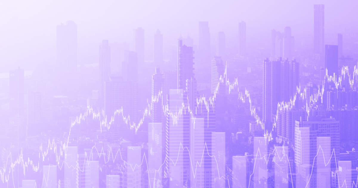 Abstract city skyline with a stock market graph overlay, purple tint. For real estate article on CBRE's 2024 Investor Survey.