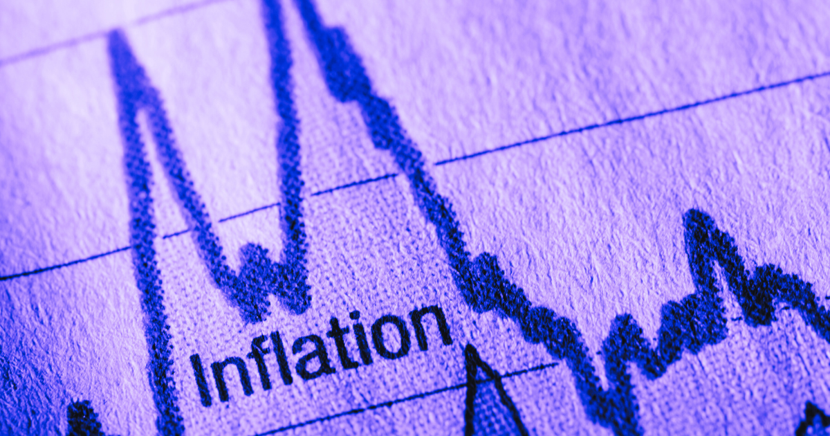 Graph with fluctuating inflation rates, sharp peaks and valleys on purple background, titled "Inflation" for a real estate site.