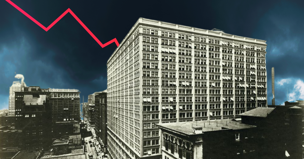 Historic building under a stormy sky with a red descending graph, suggesting decline. Fits article "The Gateway to The West is Closed.