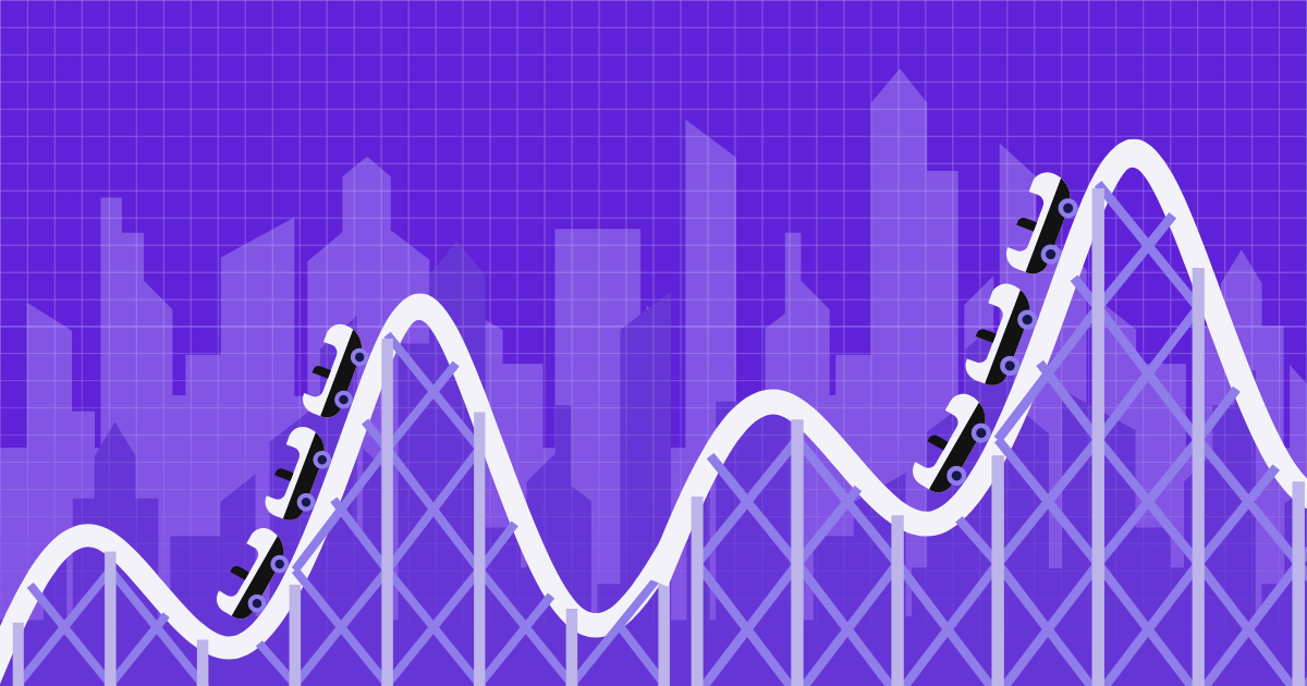 Roller coaster with cars on tracks against a stylized city skyline backdrop. Featured in article "CRE Property Prices Fell 3% YoY.