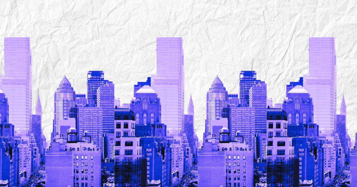 Digitally edited cityscape with purple and blue skyscrapers mirrored on a textured white background for a real estate article.