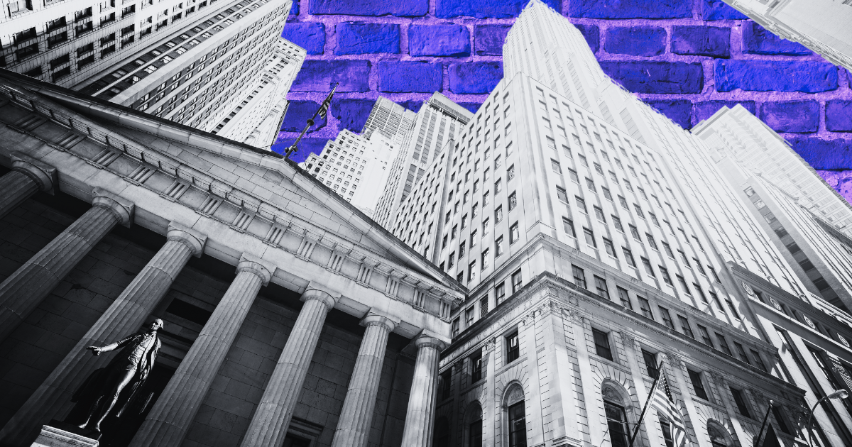 BW photo of skyscrapers with a classical building in front; sky replaced by blue brick. Featured in real estate article on maturities.