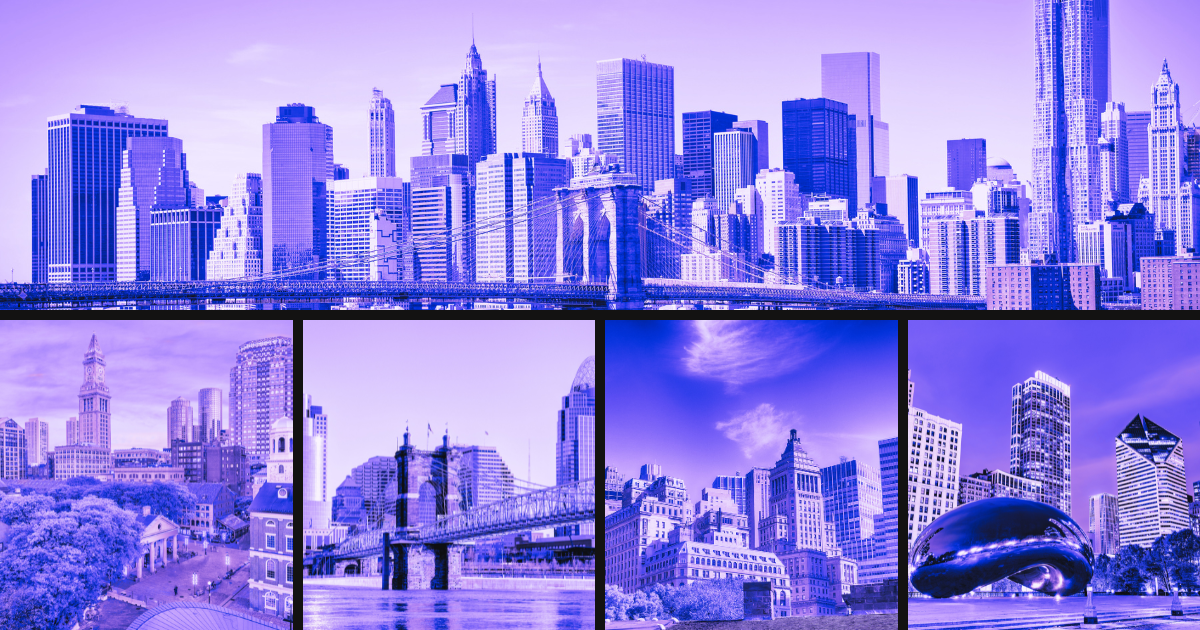 Collage of purple-tinted cityscapes with skyscrapers, bridges, a bean sculpture, and historic buildings for a real estate article.