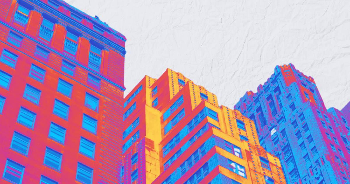 Pop art skyscrapers in vibrant orange, blue, purple against gray sky for real estate article: "2023 Sees 151K Units in Adaptive Reuse.