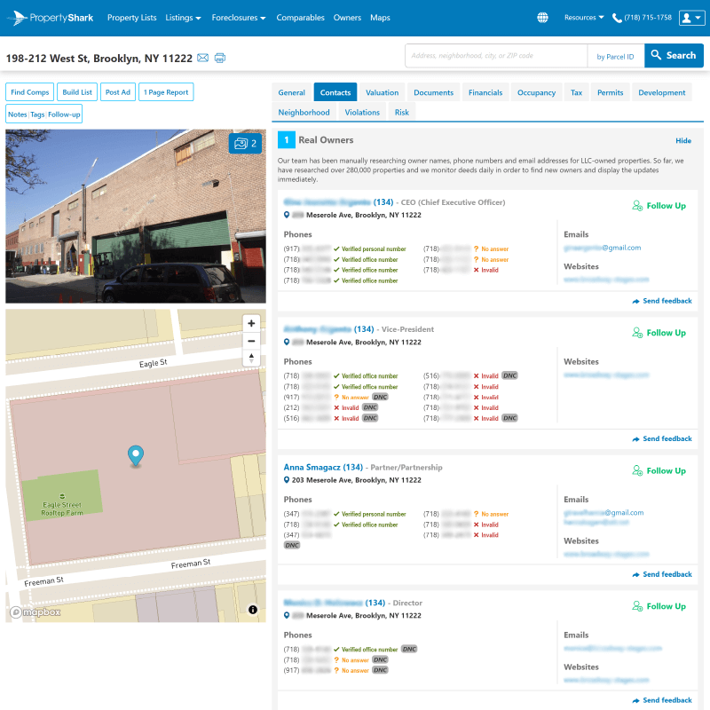 PropertyShark page for 198-212 West St, Brooklyn, NY: map, building photo, owner names, titles, contacts & social links.