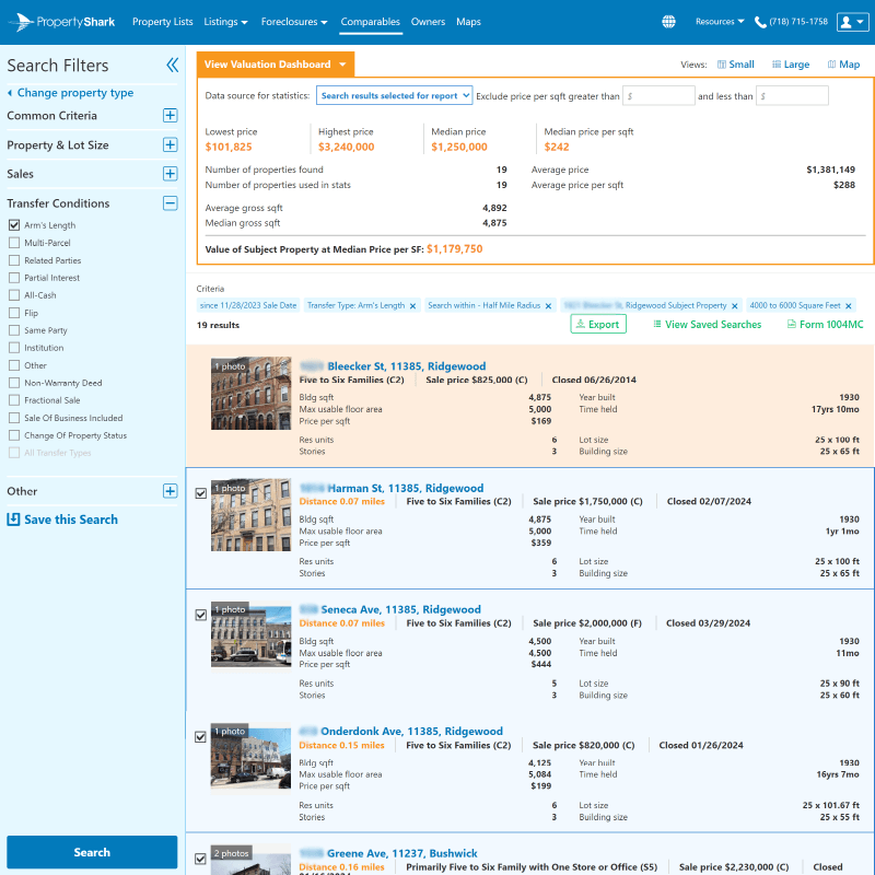 Screenshot of PropertyShark real estate listings in New York showing addresses, prices, sale types, features, and filters.