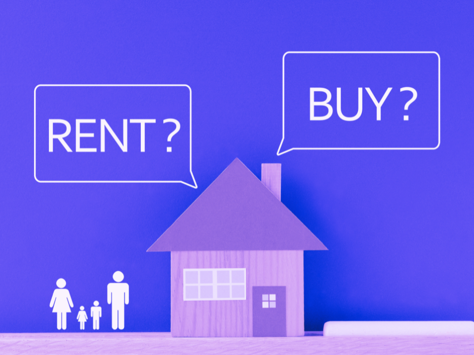 Wooden house with thought bubbles "RENT?" and "BUY?" above. Silhouette of a 4-member family. Blue-purple scheme for real estate site.