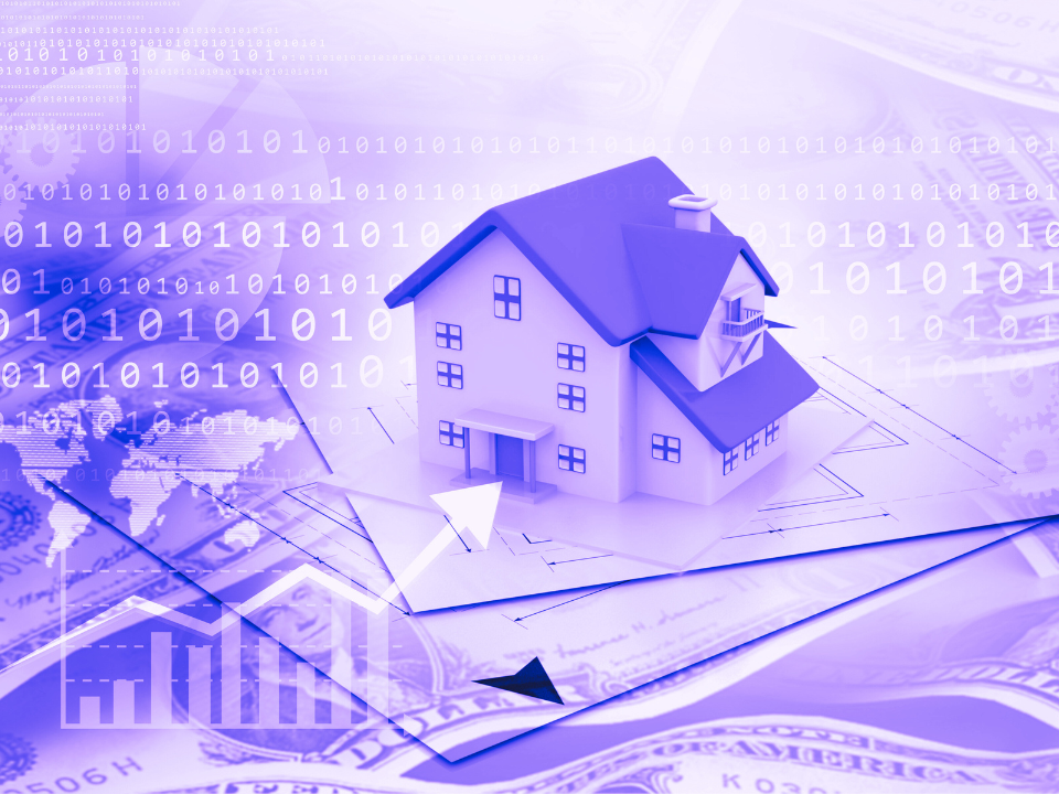 Illustration of a house on layered papers with binary code, dollar bills, and rising graph. Represents real estate investment growth.