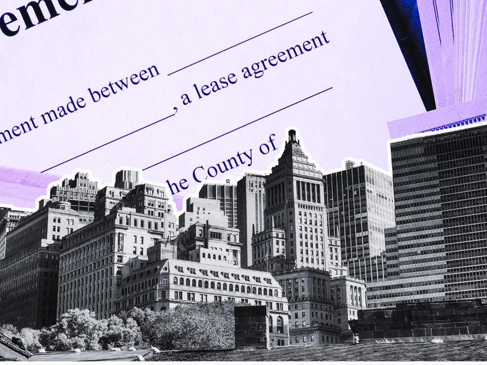 Collage of a lease agreement and black-and-white skyscrapers on a purple background for an article on Manhattan's leasing surge.