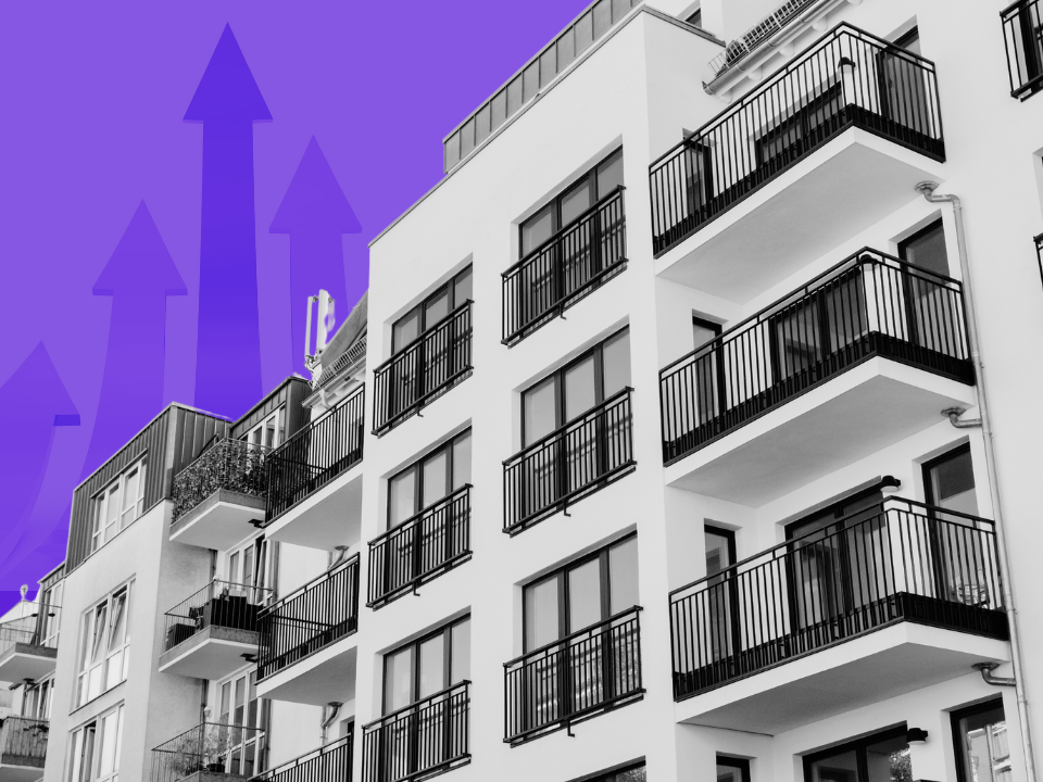 Modern apartments with balconies on a purple background and upward arrows, symbolizing growth. For a real estate website article.