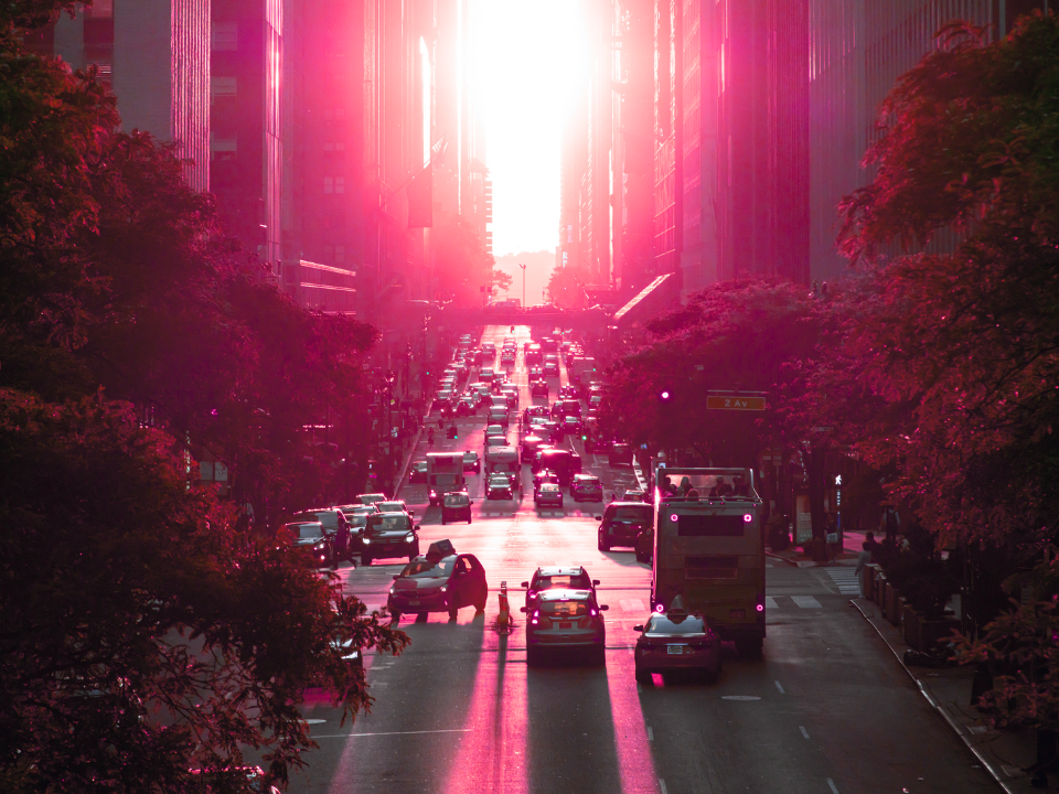 Sunset on a busy NY city street, with pink-orange hues on buildings and cars. Traffic includes cars and a bus; trees in shadow.