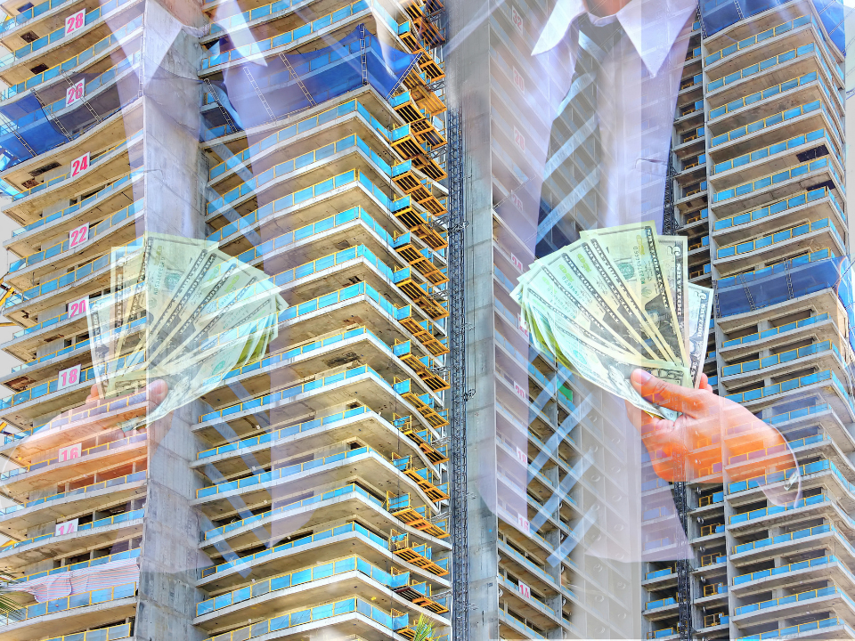 Double exposure: construction site, high-rise, two businesspeople with money. Theme: real estate investment/transactions.