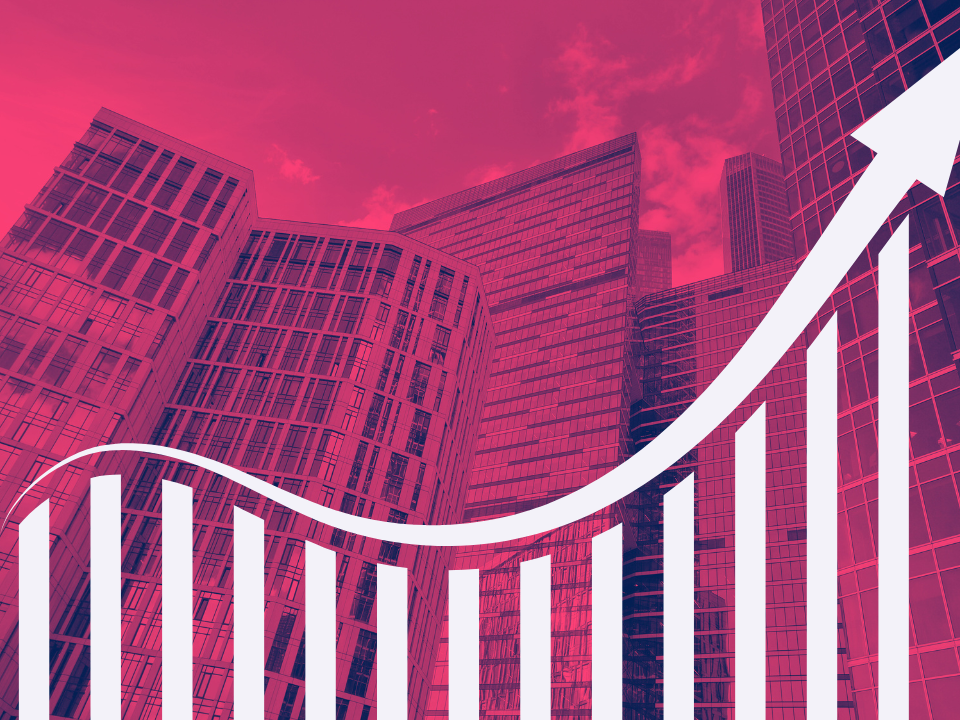 Arrow on bar graph over a red-tinted cityscape with skyscrapers, indicating financial growth. For real estate article: "As Interest Rates Rise".