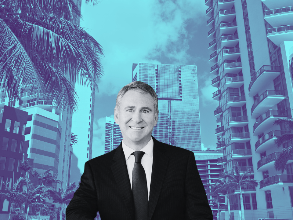 Grayscale photo of a smiling man in a suit over a blue cityscape for a real estate article on Citadel leasing in Miami.