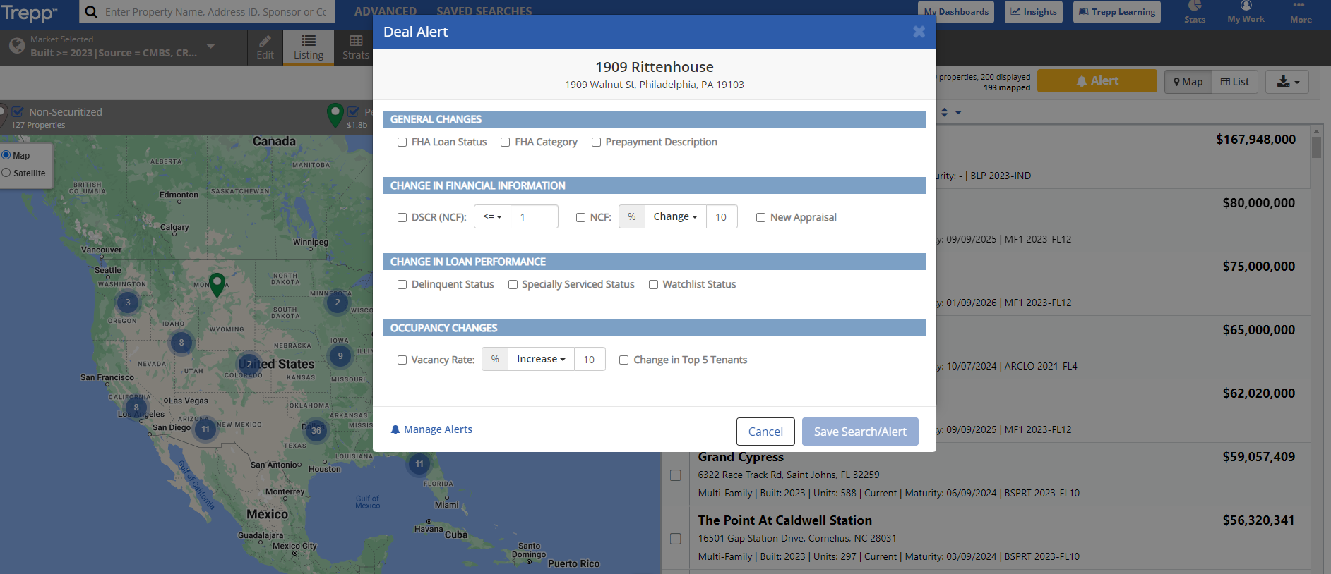 Trepp platform screenshot with Philadelphia map, Deal Alert for 1932 Rittenhouse, and property details on loan performance and occupancy.