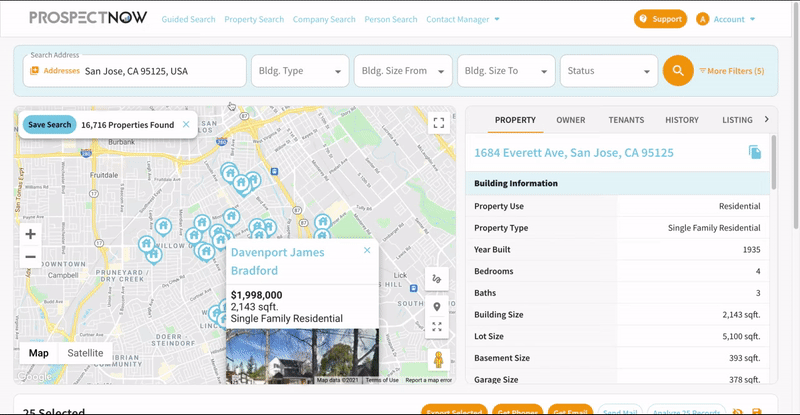 A map shows property listings in San Jose, CA, with circles for locations. Details include price, size, and type; sidebar offers more info.