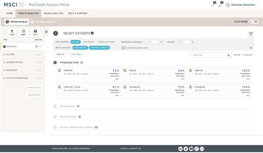 MSCI Real Estate Portal's Market Analysis offers datasets with filters for date, type, location, frequency, and regional metrics.