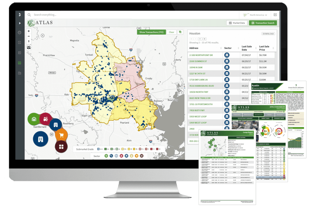 A computer screen shows a map with highlighted areas, blue dots, colorful icons on the left, and document thumbnails on the right.