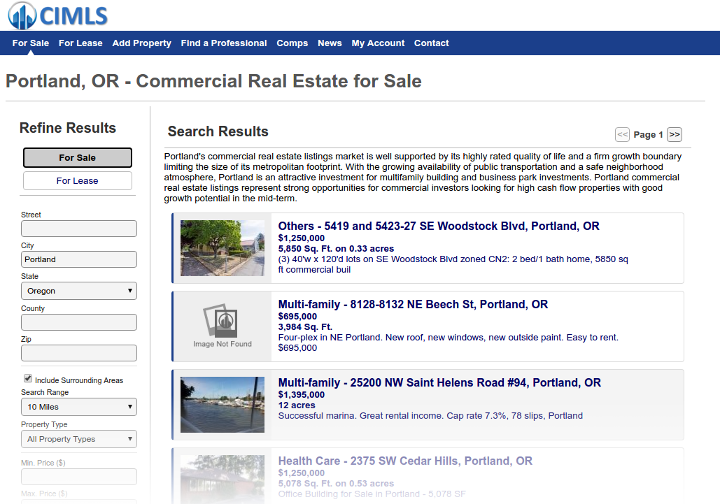 CIMLS webpage screenshot listing Portland, OR commercial real estate, showing addresses, pricing, images, and search refinement.