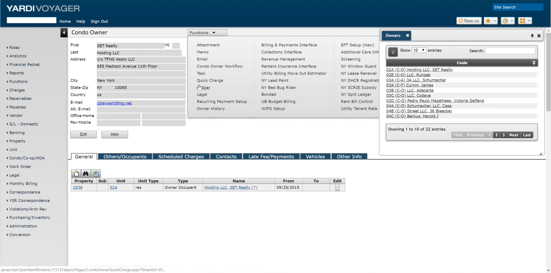 Yardi Voyager dashboard: Condo Owner interface with functions menu, owner list, condo/unit details; dark blue header, white background.