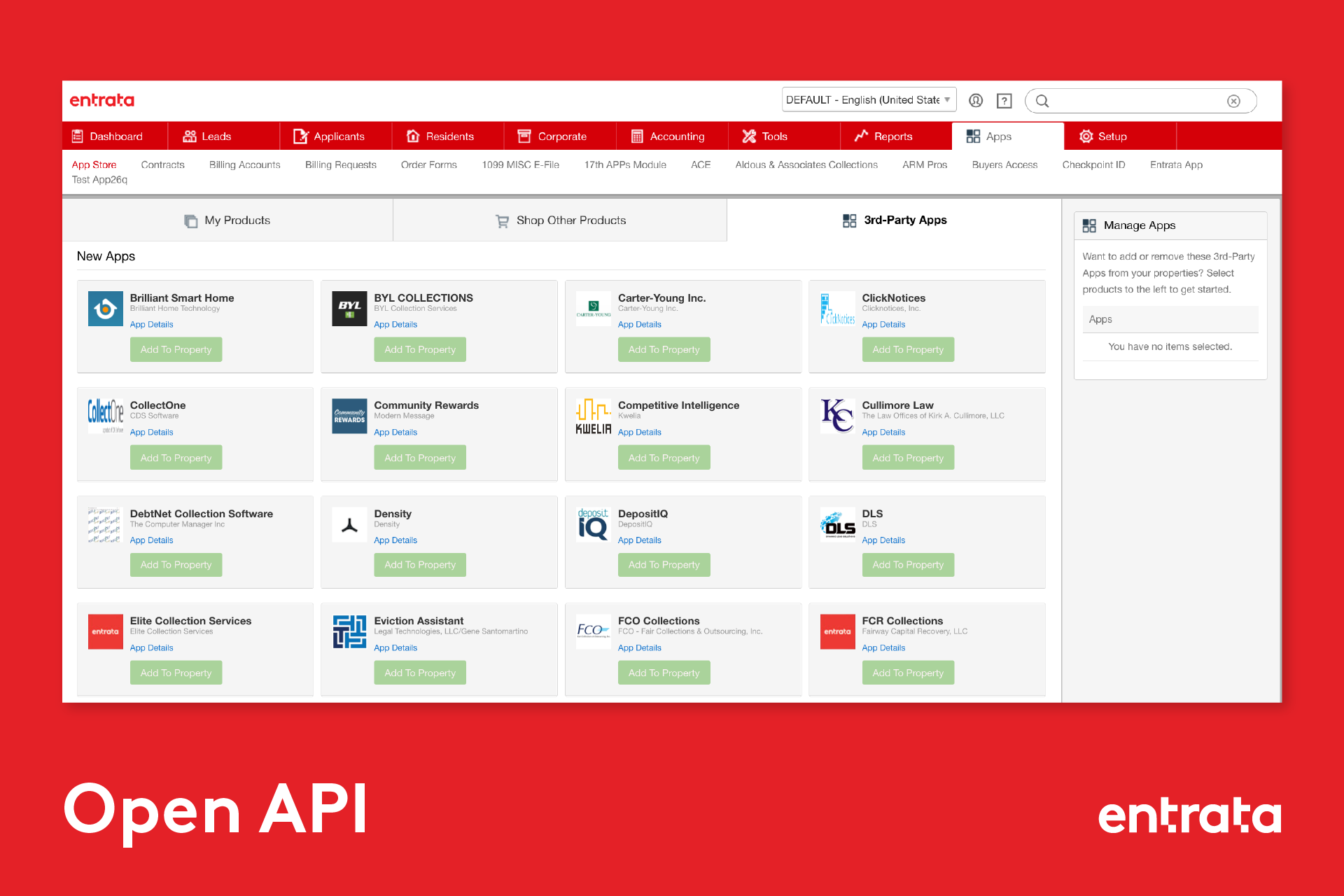 Entrata screenshot: marketplace with New Apps, 3rd-Party Apps, My Products. Includes nav bar, thumbnails, Add buttons; red branding.