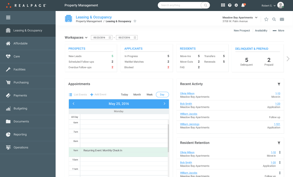 Property management dashboard: lease, occupancy, schedule, activity, retention. Navigation left; profile settings top right.