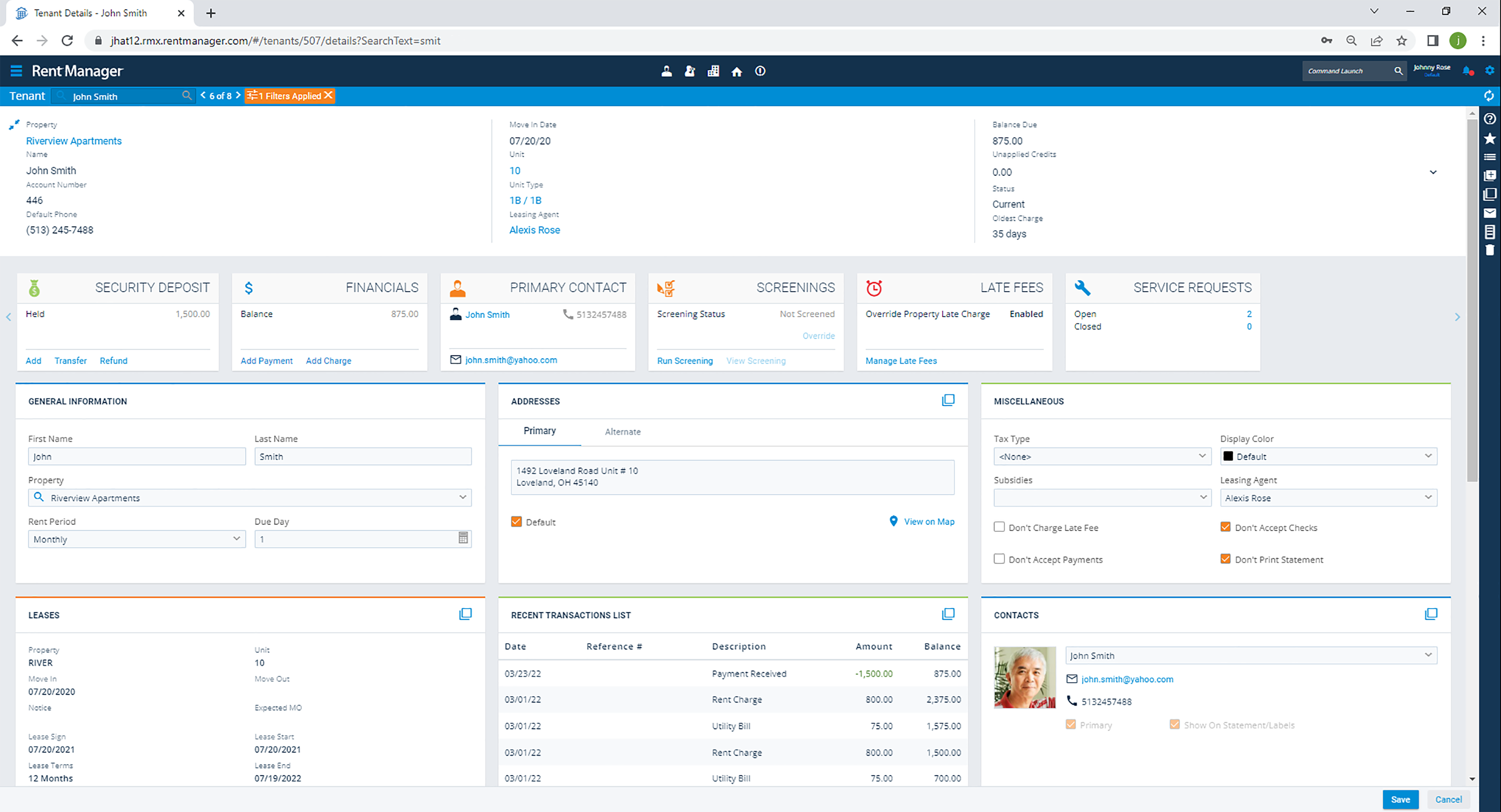 Rent Manager dashboard showing tenant info, lease terms, finances, transactions, maintenance requests, and navigation tabs.