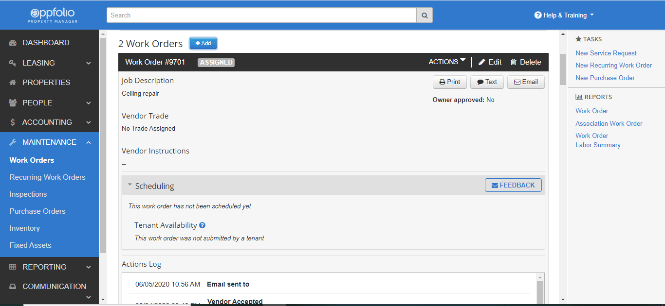 Screenshot of a property management interface displaying Work Order #3701 with job details, vendor instructions, and options.