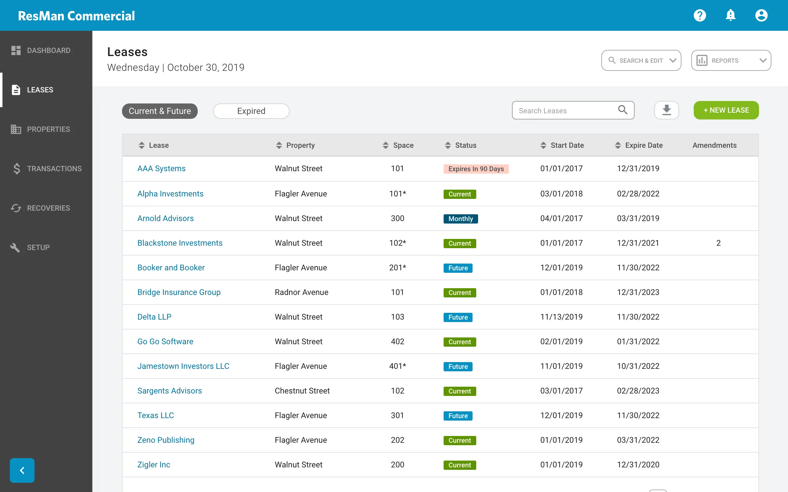 ResMan Commercial lease dashboard screenshot (Oct 30, 2019): companies, properties, statuses, dates, and action options.