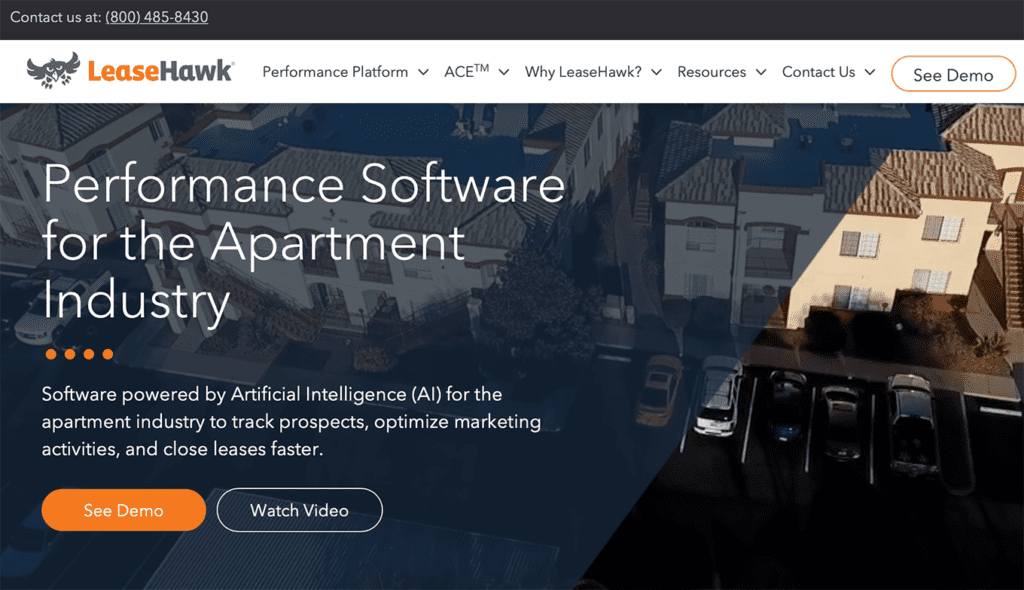 LeaseHawk site highlights AI performance software for apartments. Features include tracking prospects and optimizing tasks.