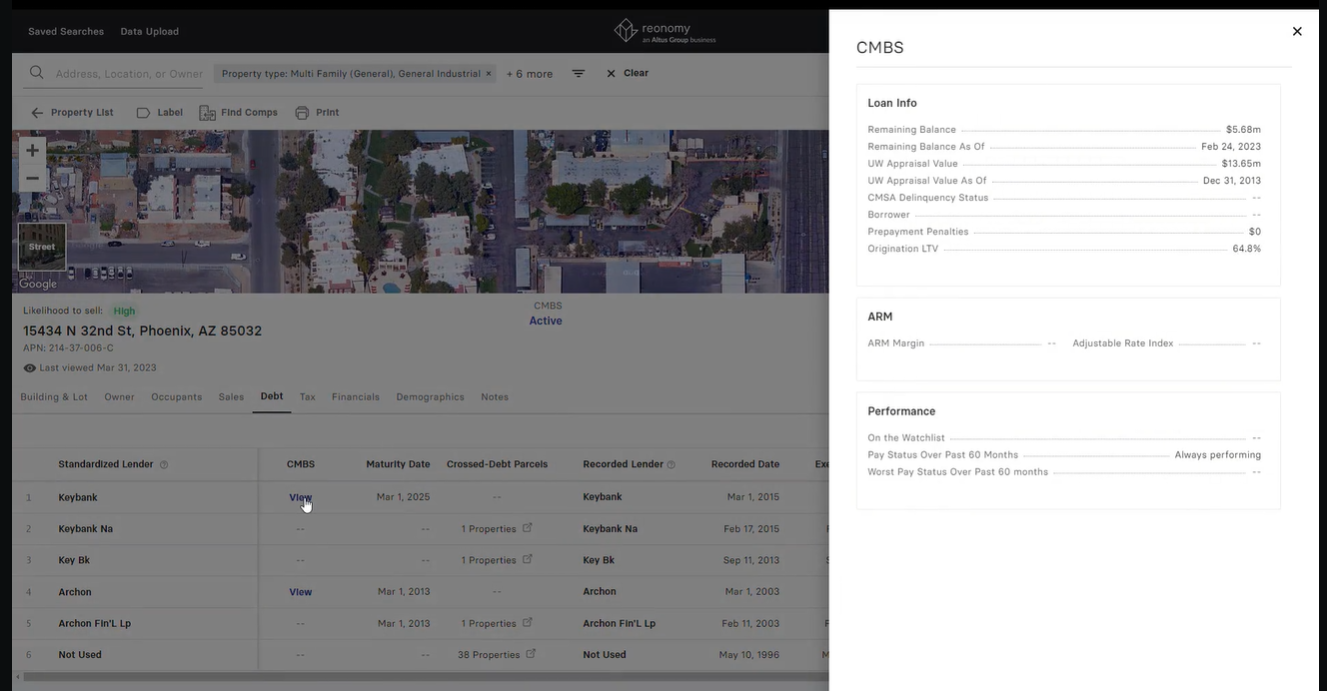 Real estate platform screenshot: Left shows aerial views, property data. Right features CMBS section with loan and performance info.