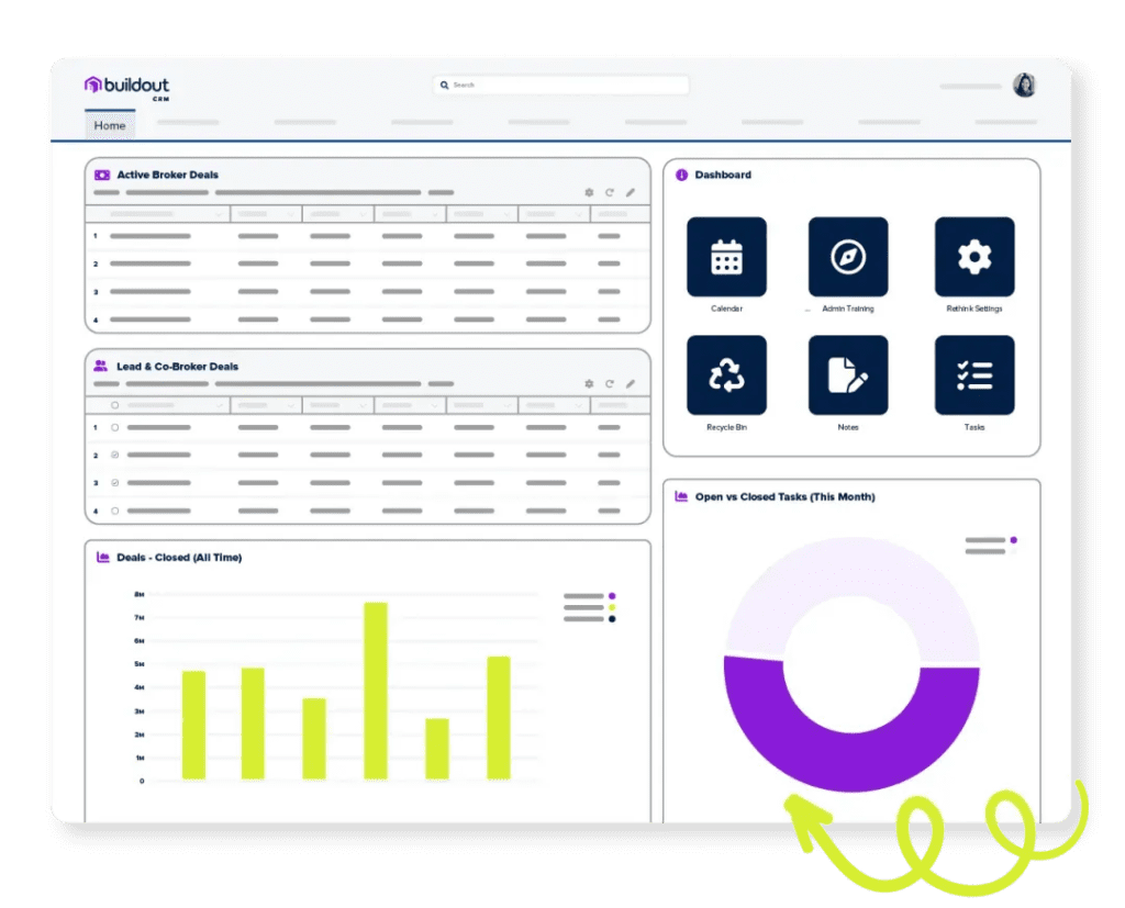A dashboard shows broker deals, icons for calendar, alerts, settings, notes, tasks & charts illustrating deal stats and trends.