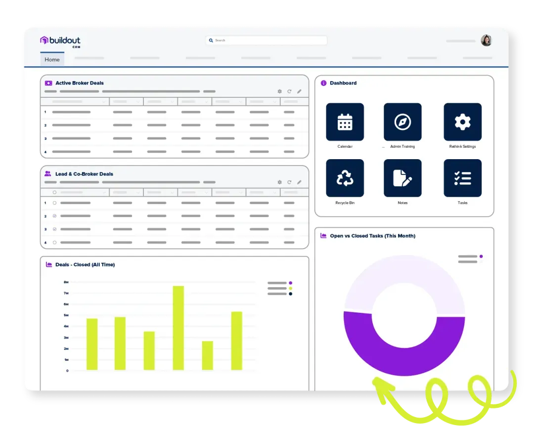 A dashboard shows broker deals, icons for calendar, alerts, settings, notes, tasks & charts illustrating deal stats and trends.