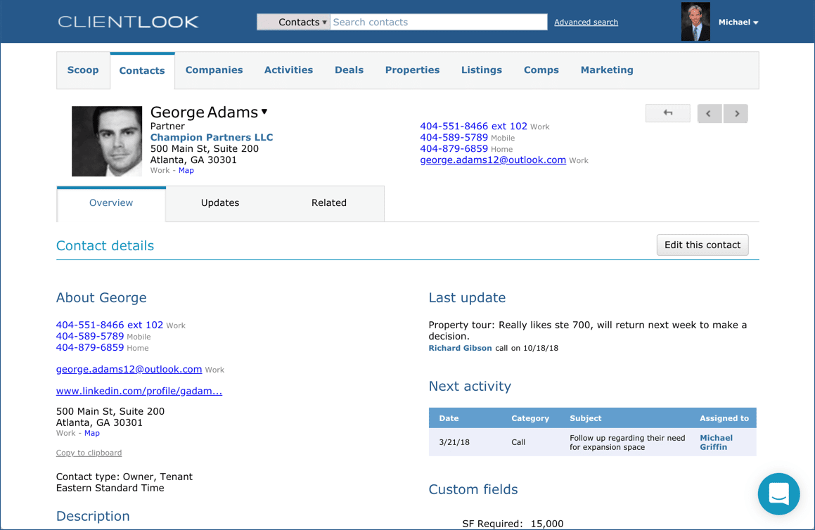 Screenshot of George Adams' contact details at Champion Partners LLC, showing info, updates, location, and custom fields.