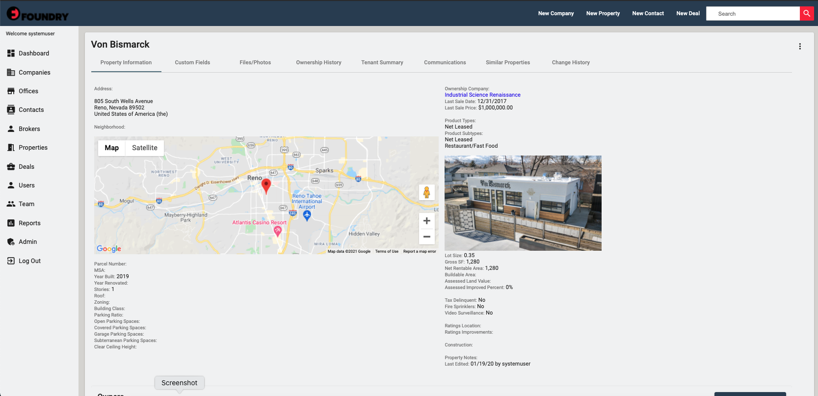 Property management dashboard screenshot showing Von Bismarck's details, address, map, photo, contacts, and history summary.